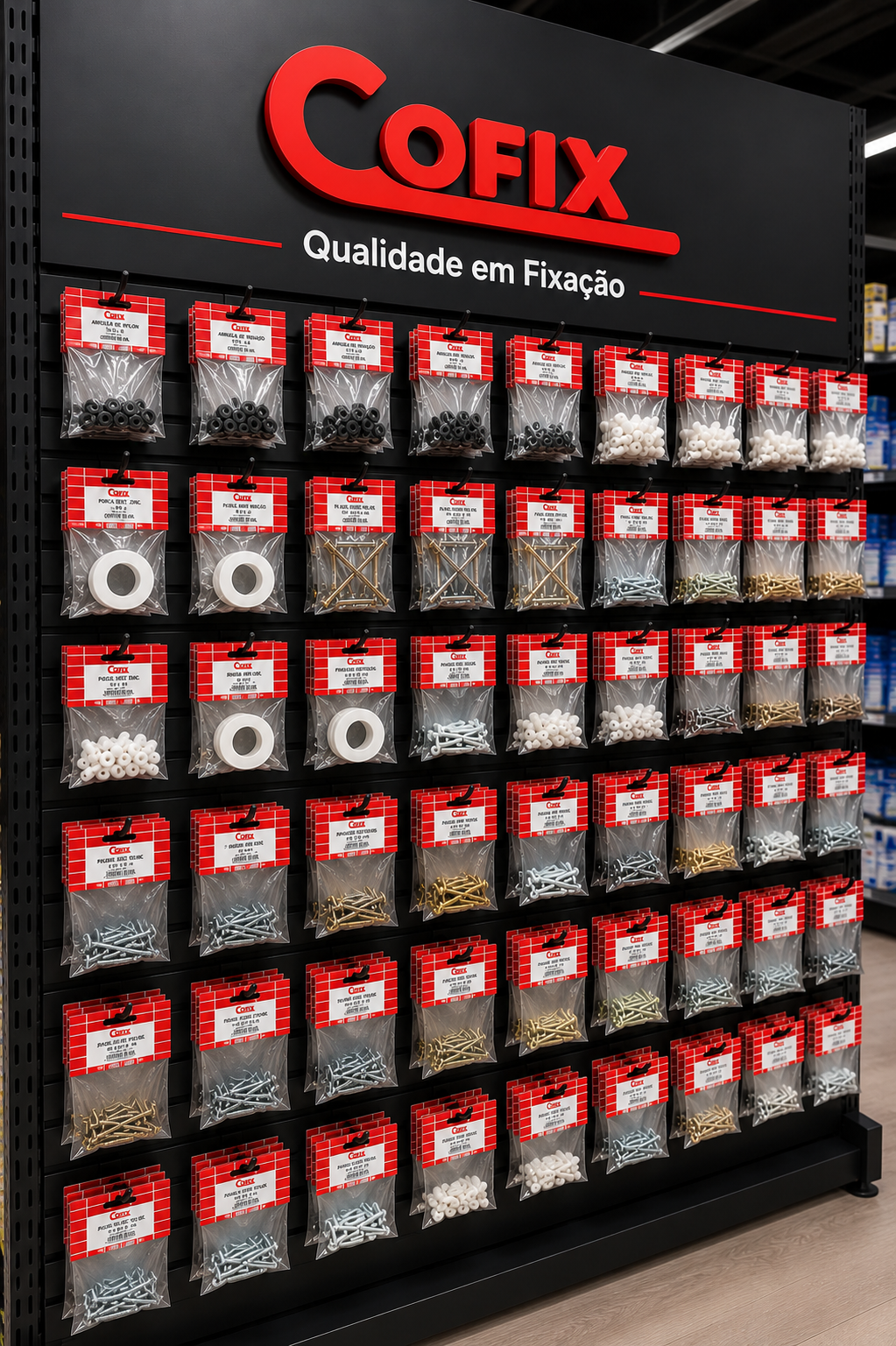 Display Cofix com cartelas de parafusos, buchas e fixadores